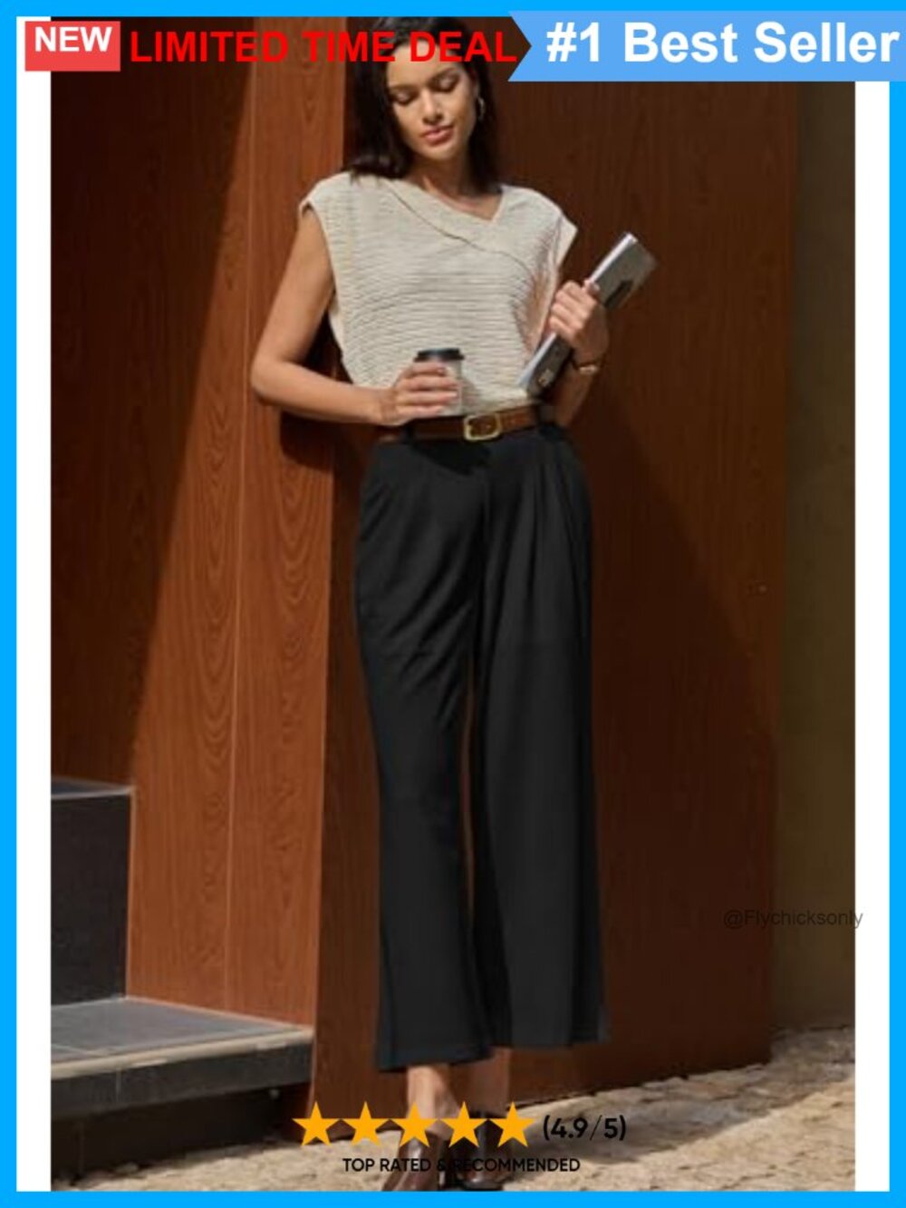 Waffle Knit Wide Leg Palazzo Work Pants with Pockets High Rise - Picture 2 of 6
